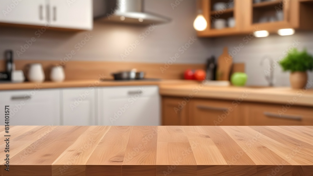 Rustic wood table top with natural grains and textures, set against a blurred modern kitchen backdrop, perfect for product display mock-ups or design layouts.