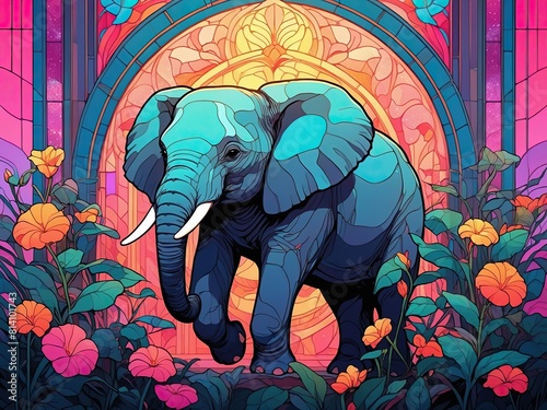 Elephant. Mesh background. Vibrant colors