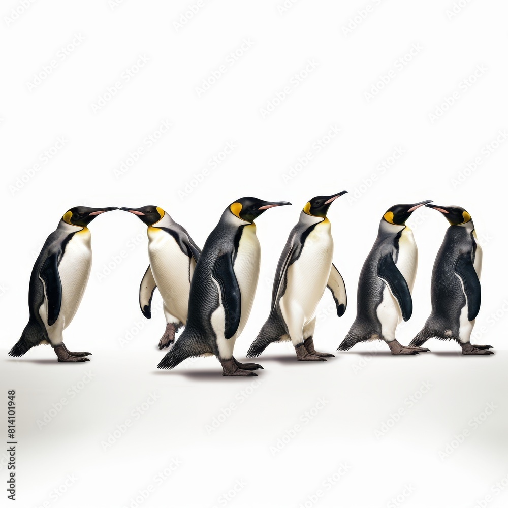 Fototapeta premium Five Emperor penguins marching in a line on a white background
