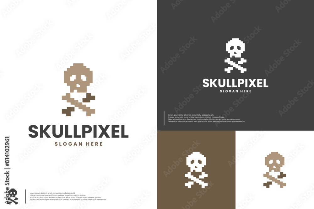 Obraz premium skull head logo in 8 bit style, tech pixels, logo design template.
