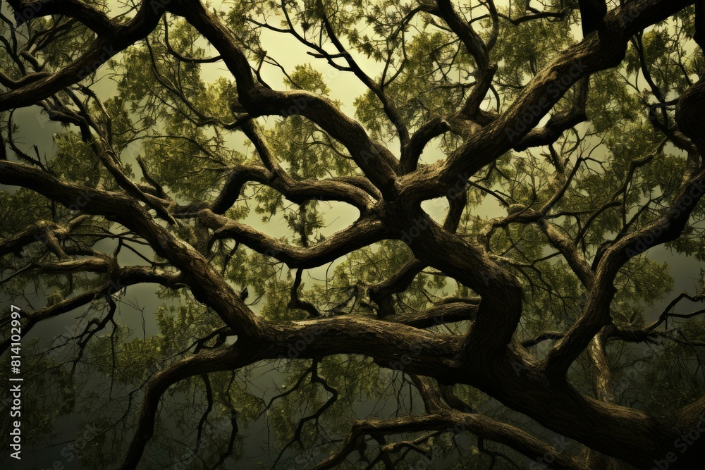 Eerie view of twisted tree branches against a dusk sky, evoking mystery Eerie view of twisted tree branches against a dusk sky, evoking mystery