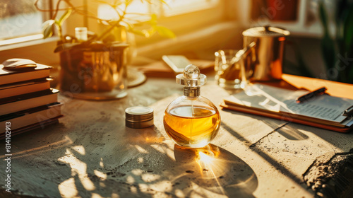 Golden glamour  Perfume bottle on marble table during golden hour