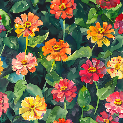 Watercolor Zinnias in a Repeating Pattern