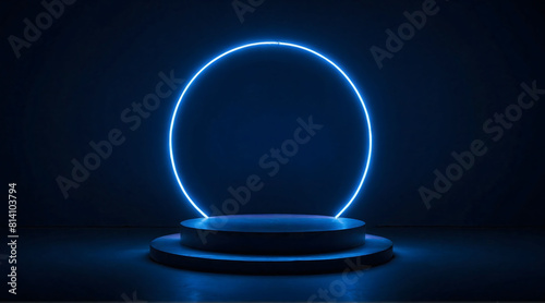 Background podium 3D light neon blue platform stage product abstract. Scene background 3D podium dark pedestal room glow studio empty stand floor night modern circle show space display game led black.