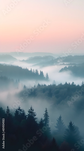 Misty horizon with trees, mountains, and cloudy sky in a natural landscape