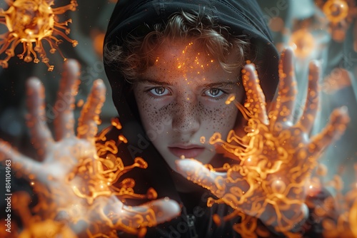 Boy wearing black jacket with a hood stands raise hands in front of him trying to stop flying viruses and bacteria. Concept of infection defence  hygiene  cleanness. 