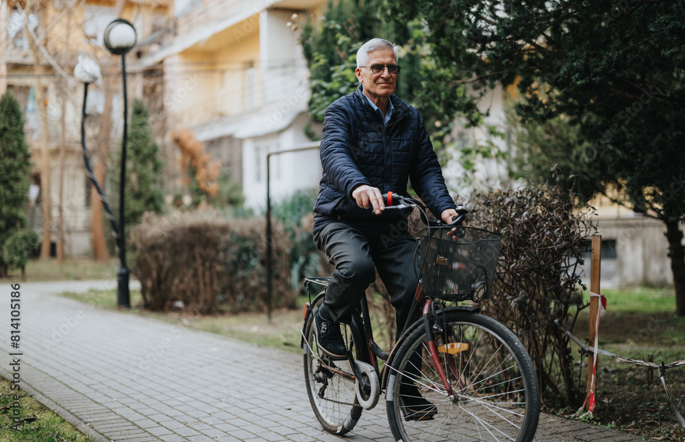 Active senior man enjoying a leisurely bike ride in a peaceful urban park setting. Active senior man enjoying a leisurely bike ride in a peaceful urban park setting.