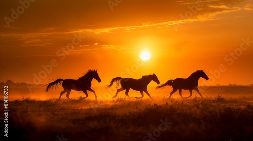 Silhouette of horses galloping at sunrise 