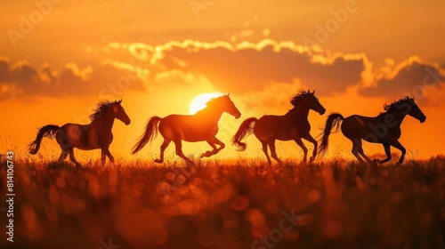 Silhouette of horses galloping at sunrise 