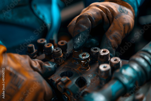 a mechanic's hands applying thread locker to bolts before reassembly