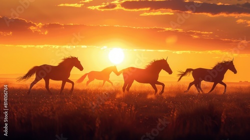 Silhouette of horses galloping at sunrise 
