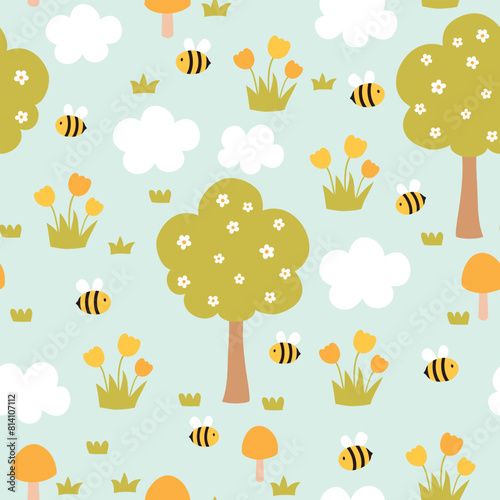 Cute spring seamless pattern. Childish background with trees, bees, mushrooms, clouds and flowers. It can be used for wallpapers, wrapping, cards, patterns for clothes and other. © Evalinda