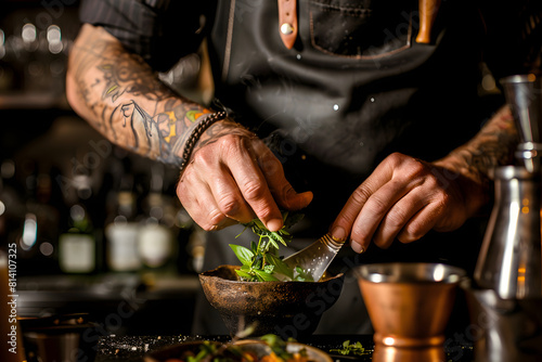  a mixologist's hands muddling fresh ingredients to prepare a craft cocktail