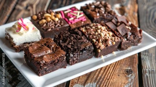 A plate of fudgy brownies with various toppings on a plywood table