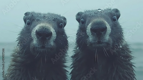   Two otters wetly stand near water on a foggy day photo