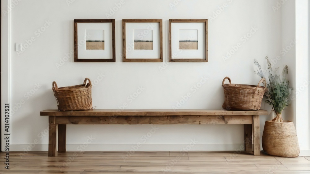 Tranquil, simple entryway featuring a wooden bench, framed landscape artwork, and stylish wicker baskets against a muted background Tranquil, simple entryway featuring a wooden bench, framed landscape artwork, and stylish wicker baskets against a muted background