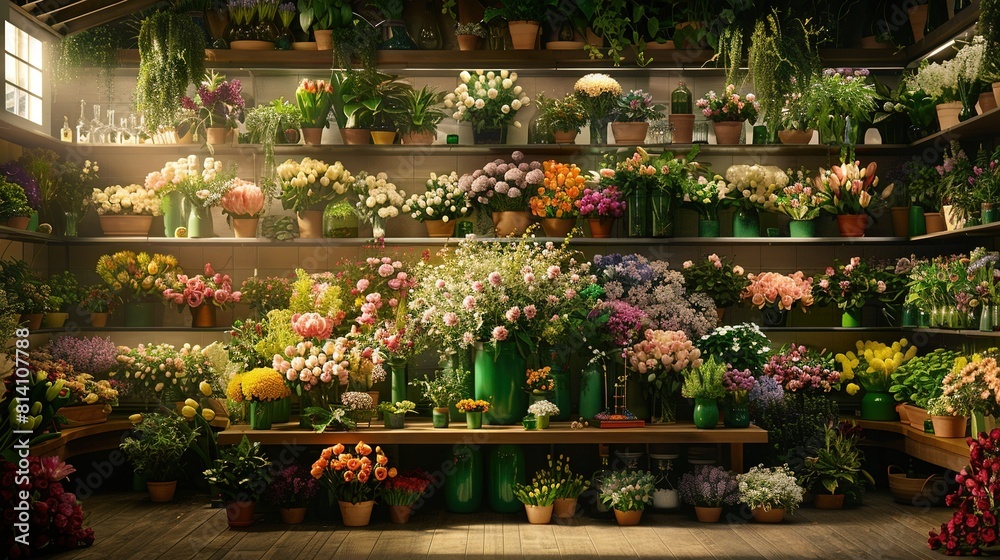   Room with numerous potted plants surrounding shelves filled with pots and vases