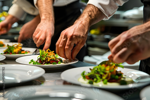 a line cook's hands plating haute cuisine dishes with artistic flair