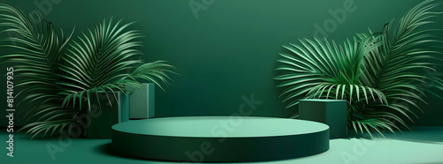 Background green podium product platform 3D display stage stand luxury. Green background podium abstract studio leaf pedestal scene minimal plant design cosmetic light presentation wall modern tree.  © B-Ast-BRT