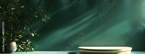 Background green podium product platform 3D display stage stand luxury. Green background podium abstract studio leaf pedestal scene minimal plant design cosmetic light presentation wall modern tree. 