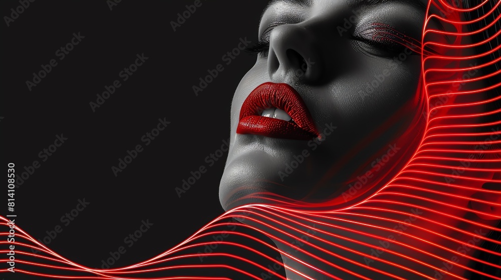 Create an artistic black and white portrait of a woman with bright red lips Create an artistic black and white portrait of a woman with bright red lips