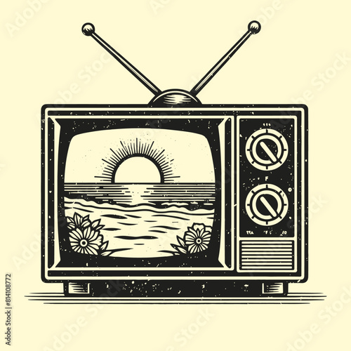 retro television with a beach landscape on the screen illustration