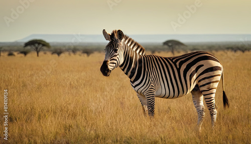 A zebra is standing in a grassy field  surrounded by green vegetation under a clear sky