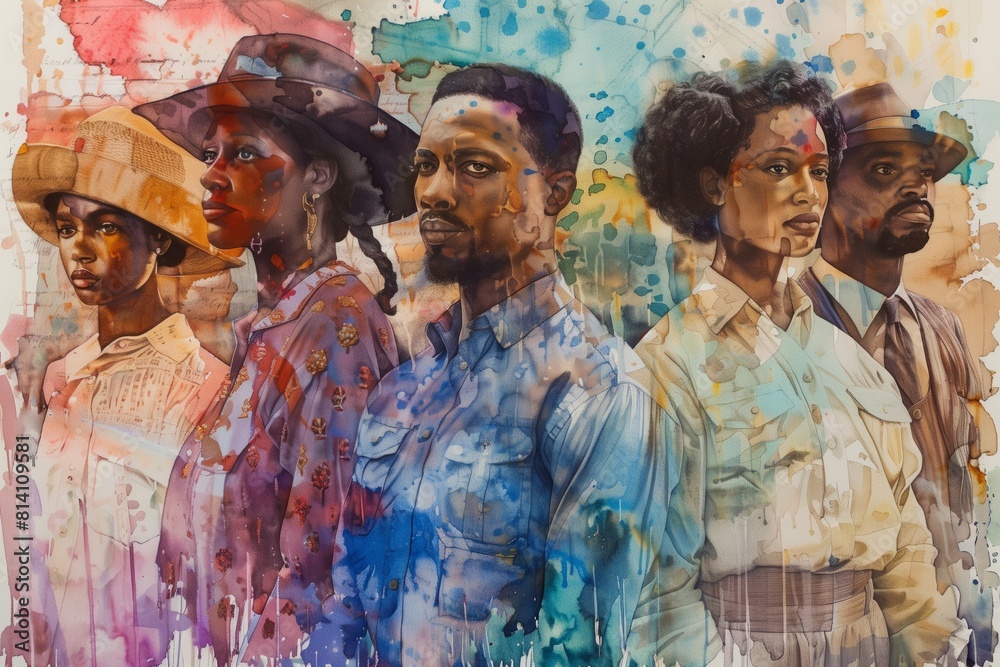 Obraz premium Juneteenth History Month colourful abstract illustration of Diverse representations of African-American across different fields 