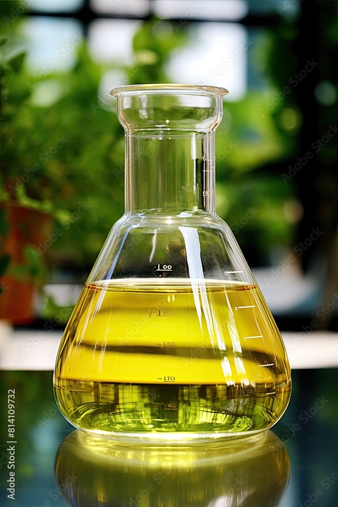 Eco-friendly biofuel contained in a laboratory flask, E-Fuel concept Eco-friendly biofuel contained in a laboratory flask, E-Fuel concept