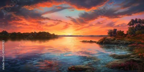 a tranquil lakeside setting at twilight, where the sky is awash with the vivid colors of an orange sunset, and ethereal clouds resembling shimmering fish scales drift lazily overhead