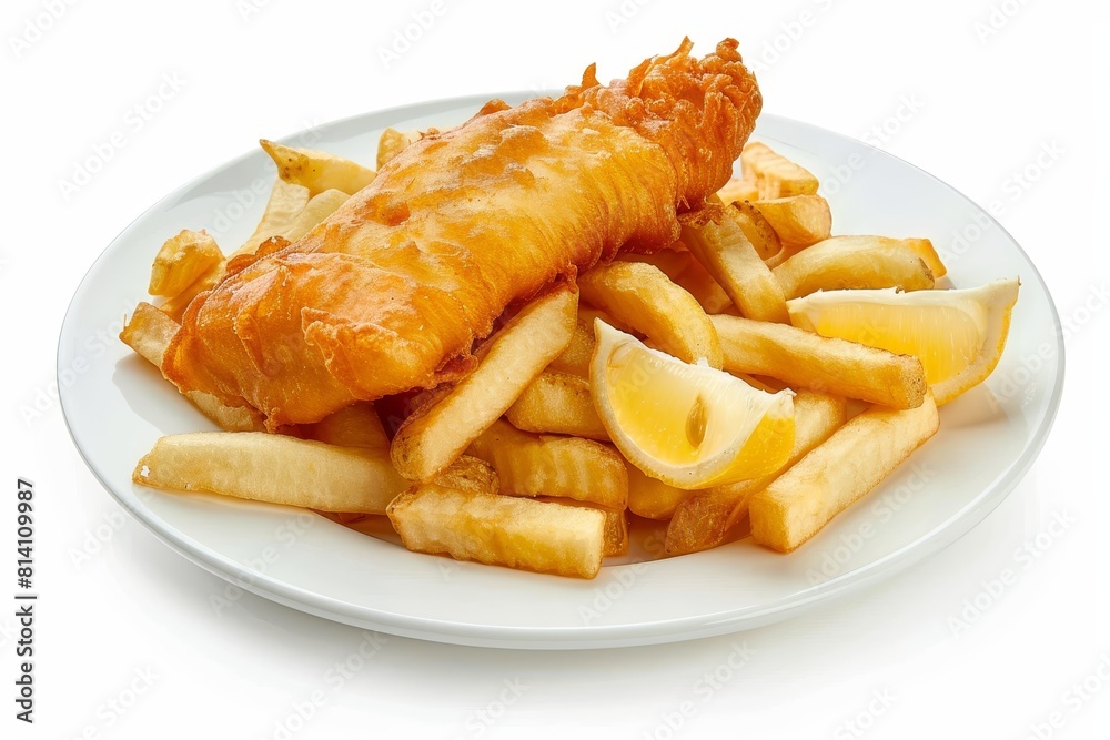 Photo of fish and chips on a white background, high resolution photography. Photo of fish and chips on a white background, high resolution photography.