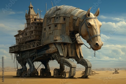 Deceptive Trojan horse. Troy horse travel. Generate Ai photo