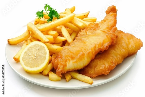 Delicious fish and chips on a white plate isolated, high resolution photography.