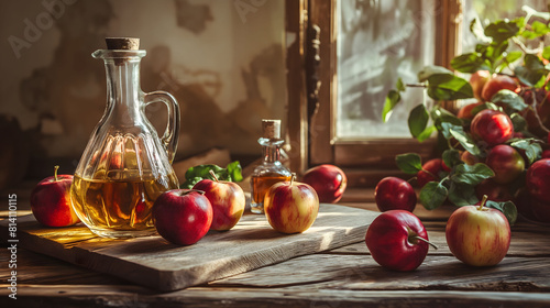 A bottle of apple cider vinegar with fresh red apples on a table