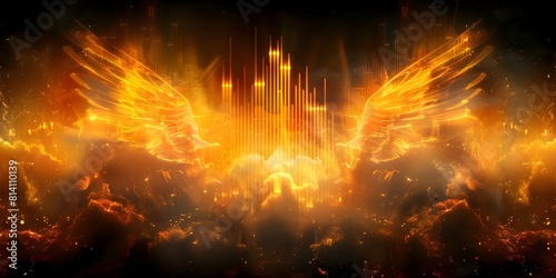 Winged Music Equalizer Bars Soaring Through an Electrifying Landscape. Concept Music Visualization  Electrifying Art  Dynamic Sound Waves  Creative Design