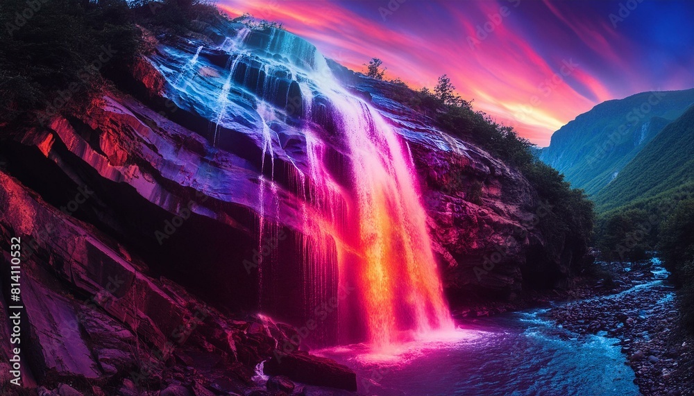 A luminous waterfall cascading down a rocky cliff, its waters tinted with a spectrum of vibrant colors. AI generated