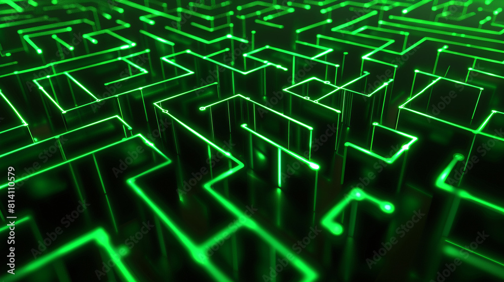 Neon labyrinth, complex pathways of green matrix code in a dark maze Neon labyrinth, complex pathways of green matrix code in a dark maze