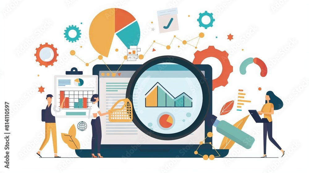 A simple flat illustration portrays the process of data analysis and file searching, providing a clear visual representation. Vector file available. A simple flat illustration portrays the process of data analysis and file searching, providing a clear visual representation. Vector file available.
