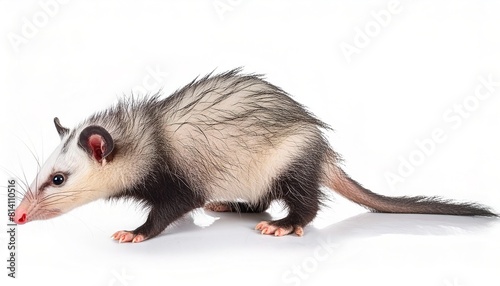 Young Virginian opossum or possum - Didelphis virginiana - a nocturnal mammal marsupial with a pouch, isolated on a white background, side profile view photo