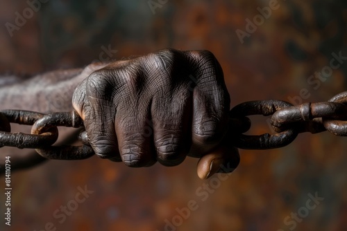 Breaking Free: Symbolic Image of African American Hand Breaking Chains photo