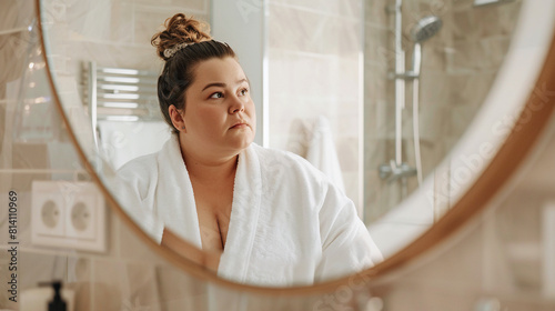 Retrato de mujer blanca con sobrepeso en hotel mirándose al espejo en un cuarto de baño con un albornoz blanco. Mujer grande caucásica enfrente de un espejo redondo. photo