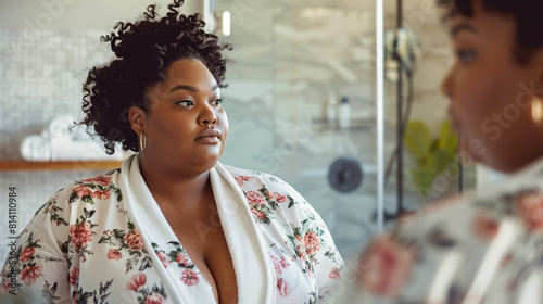 Mujer negra modelo africana con sobrepeso mirándose al espejo en un cuarto de baño de hotel o spa. photo