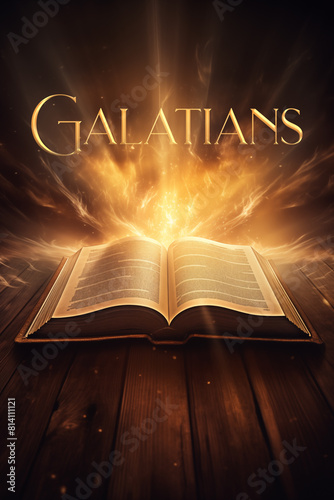 Book of Galatians. Open glowing Bible set on wood. Rays of golden light emanating from the book. Ideal for bible studies, religious meetings, intros, and much more. Vertical with copy space. photo