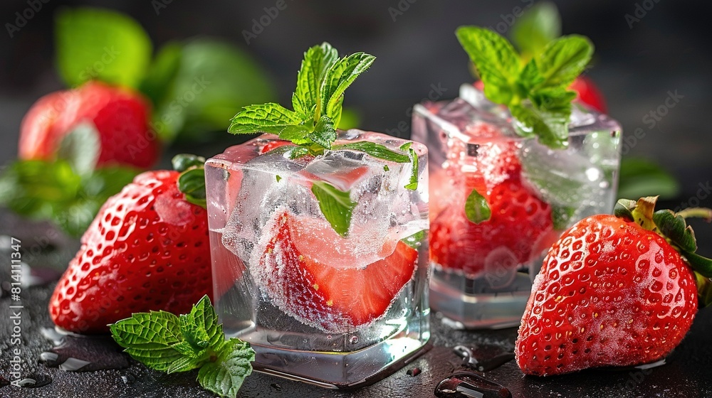 A group of strawberries sits on a table beside two glasses of ice with strawberries on top A group of strawberries sits on a table beside two glasses of ice with strawberries on top