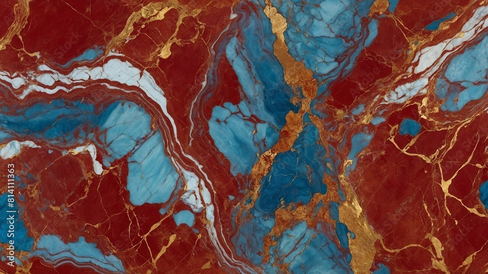 Mesmerizing pattern of rich, deep red, vibrant blue marbling intertwined with veins of gold. Intricate design resembles natural geological formation. Mesmerizing pattern of rich, deep red, vibrant blue marbling intertwined with veins of gold. Intricate design resembles natural geological formation.
