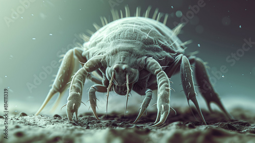 Conceptual image of a dust mite with digital effects  making it look robotic  on a metal gradient background 