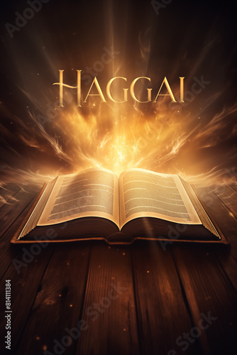 Book of Haggai. Open glowing Bible set on wood. Rays of golden light emanating from the book. Ideal for bible studies, religious meetings, intros, and much more. Vertical with copy space.