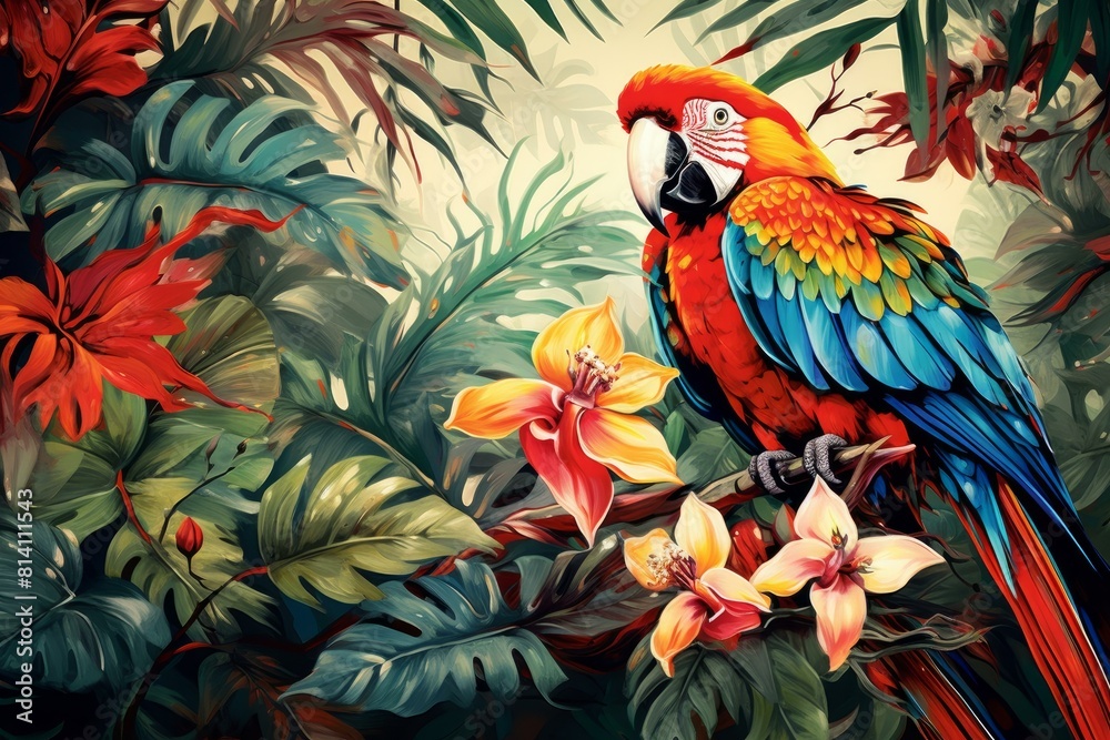Fototapeta premium Vibrant parrot amidst lush foliage and blossoming flowers