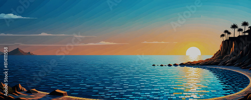 illustrazione di paesaggio marino con sole al tramonto in stile mosaico photo
