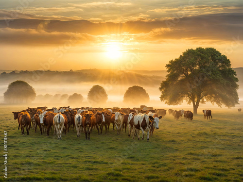 A herd of cows walking together in a field during sunrise  showcasing the peacefulness of the early morning routine for these animals